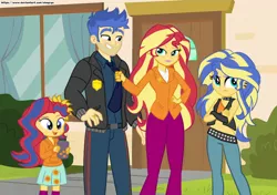 Size: 1500x1053 | Tagged: safe, artist:chuyryu, derpibooru import, flash sentry, sunset shimmer, oc, oc:aura dawn, oc:evening glow(chuyryu), equestria girls, belly button, father and child, father and daughter, female, flashimmer, future, male, mother and child, mother and daughter, offspring, older, older flash sentry, older sunset, parent:flash sentry, parent:sunset shimmer, parents:flashimmer, principal sunset, shipping, siblings, sisters, straight