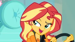 Size: 1920x1080 | Tagged: safe, derpibooru import, screencap, sunset shimmer, driving miss shimmer, equestria girls, equestria girls series, cute, driving miss shimmer: fluttershy, female, fluttershy's car, geode of empathy, magical geodes, open mouth, seatbelt, shimmerbetes, smiling, solo, steering wheel