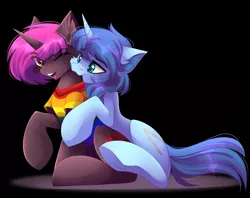Size: 2665x2115 | Tagged: safe, artist:airiniblock, derpibooru import, oc, oc:patches pinkgem, oc:rattamacue, unofficial characters only, pony, unicorn, clothes, cute, femboy, gay, happy, hug, male, neck biting, pride, rainbow, shirt, smiling