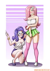 Size: 2480x3507 | Tagged: suggestive, artist:rambon7, derpibooru import, fluttershy, rarity, bat pony, human, equestria girls, big breasts, blushing, breasts, busty fluttershy, busty rarity, cleavage, clothes, cover, embarrassed, female, females only, flutterbat, glasses, high heels, humanized, miniskirt, patreon, race swap, rarity's glasses, revealing clothing, shoes, skirt, skirt pull, socks, thigh highs
