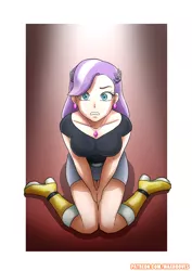 Size: 2480x3507 | Tagged: safe, artist:rambon7, derpibooru import, diamond tiara, human, equestria girls, boots, clothes, cover, ear piercing, earring, female, frown, gritted teeth, humanized, jewelry, kneeling, looking at you, looking up, miniskirt, necklace, older, older diamond tiara, patreon, pendant, piercing, raised eyebrow, shoes, sitting, skirt, solo, surprised, thighs, wide eyes