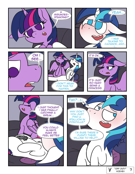 Size: 2550x3300 | Tagged: explicit, artist:viceviev, derpibooru import, shining armor, twilight sparkle, twilight sparkle (alicorn), alicorn, pony, unicorn, comic:off duty, balls, blushing, brother and sister, comic, female, incest, infidelity, male, nudity, penis, shiningsparkle, shipping, siblings, straight, twicest, wings