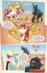 Size: 1253x1950 | Tagged: safe, artist:saturdaymorningproj, derpibooru import, queen chrysalis, oc, oc:himecchi shinku, changeling, changeling queen, pony, unicorn, comic:i await a guardian, comic, curved horn, female, glimmer wings, horn, sharp teeth, teeth, wings