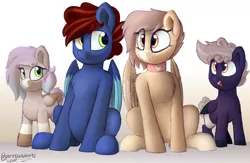 Size: 1920x1250 | Tagged: safe, artist:perezadotarts, derpibooru import, oc, pegasus, pony, colored, digital art, drawing, fanart, female, filly, group, looking at each other, request, requested art, simple background, smiling, wings