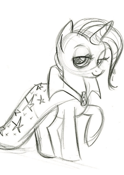 Size: 639x897 | Tagged: safe, artist:lauren faust, derpibooru import, trixie, pony, unicorn, black and white, female, grayscale, lidded eyes, mare, monochrome, pitch bible, show bible, smiling, solo