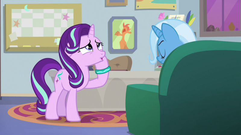 Size: 1920x1080 | Tagged: safe, derpibooru import, screencap, starlight glimmer, pony, unicorn, student counsel, bracelet, couch, female, floppy ears, jewelry, mare, open mouth, raised hoof, solo, starlight's office