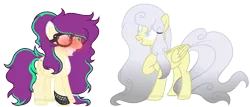 Size: 1024x437 | Tagged: safe, artist:yourrdazzle, derpibooru import, oc, oc:serenity sound, oc:timpani, unofficial characters only, pegasus, pony, blushing, female, glasses, mare, simple background, transparent background, two toned wings, wings