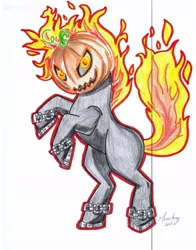 Size: 800x1018 | Tagged: safe, artist:misschang, derpibooru import, oc, oc:headless unicorn, unofficial characters only, headless horse, pony, unicorn, fire, headless, mane of fire, marker drawing, pumpkin head, solo, tail on fire, traditional art