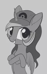 Size: 983x1523 | Tagged: safe, artist:dusthiel, derpibooru import, princess luna, pony, cap, cheek fluff, chest fluff, cute, ear fluff, grayscale, hat, inktober, leg fluff, lunabetes, monochrome, smiling, solo, wing fluff