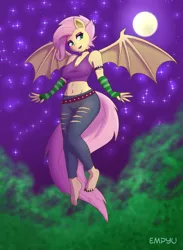 Size: 880x1200 | Tagged: suggestive, artist:empyu, derpibooru import, fluttershy, anthro, bat pony, plantigrade anthro, barefoot, bat ponified, bat wings, belly button, clothes, erect nipples, feet, female, flutterbat, flutterpunk, full moon, metalshy, midriff, moon, nipple outline, nipples, nudity, race swap, solo, tanktop, wings