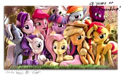 Size: 4140x2560 | Tagged: safe, artist:alicorntwilysparkle, artist:calveen, artist:whiteskyline, derpibooru import, applejack, derpy hooves, ditzy doo, fluttershy, pinkie pie, rainbow dash, rarity, starlight glimmer, sunset shimmer, tempest shadow, trixie, twilight sparkle, twilight sparkle (alicorn), alicorn, earth pony, pegasus, pony, unicorn, 3d, absurd resolution, applejack's hat, border, cowboy hat, eye scar, female, forest, grass, grin, group photo, group shot, hat, horn, looking at you, lying down, mane six, mare, missing accessory, nose wrinkle, one eye closed, outdoors, raised hoof, revamped ponies, scar, signature, smiling, smirk, source filmmaker, sunset, text, tree, upside down, wall of tags, wings, wink, writing