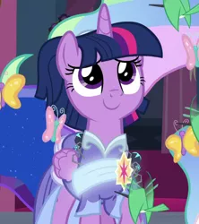 Size: 1600x1800 | Tagged: alicorn, alternate hairstyle, bird, butterfly, clothes, coronation dress, cropped, cute, derpibooru import, dress, hummingbird, safe, screencap, second coronation dress, solo, spider, star spider, the last problem, twiabetes, twilight sparkle, twilight sparkle (alicorn)