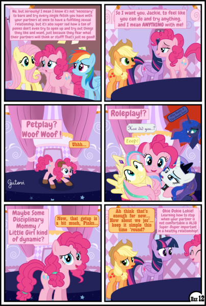Size: 3255x4839 | Tagged: suggestive, artist:gutovi, derpibooru import, applejack, fluttershy, pinkie pie, princess luna, rainbow dash, rarity, twilight sparkle, twilight sparkle (alicorn), alicorn, earth pony, pegasus, pony, unicorn, comic:why me!?, testing testing 1-2-3, alternate ending, applejack gets all the mares, bed, blushing, carousel boutique, clothes, comic, cosplay, costume, female, harem, lesbian, lunarity, mane six, mommy kink, omniship, pet play, polyamory, polygamy, puppy pie, roleplay, shipping, show accurate, show accurate porn, shylestia