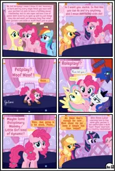 Size: 3255x4839 | Tagged: suggestive, artist:gutovi, derpibooru import, applejack, fluttershy, pinkie pie, princess luna, rainbow dash, rarity, twilight sparkle, twilight sparkle (alicorn), alicorn, earth pony, pegasus, pony, unicorn, comic:why me!?, testing testing 1-2-3, alternate ending, applejack gets all the mares, bed, blushing, carousel boutique, clothes, comic, cosplay, costume, female, harem, lesbian, lunarity, mane six, mommy kink, omniship, pet play, polyamory, polygamy, puppy pie, roleplay, shipping, show accurate, show accurate porn, shylestia