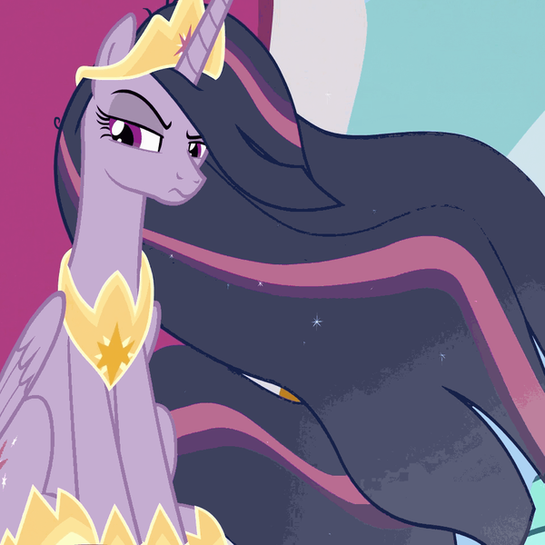 Size: 960x960 | Tagged: safe, derpibooru import, edit, edited screencap, screencap, mean twilight sparkle, princess twilight 2.0, twilight sparkle, twilight sparkle (alicorn), alicorn, pony, the last problem, the mean 6, canterlot castle, cropped, crown, ethereal mane, flowing mane, hoof shoes, jewelry, princess mean twilight 2.0, raised eyebrow, regalia, sitting, solo, throne, throne room, wings