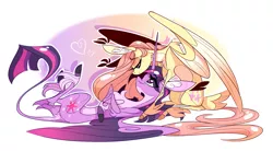 Size: 2383x1312 | Tagged: safe, artist:marbola, derpibooru import, fluttershy, twilight sparkle, twilight sparkle (alicorn), alicorn, pegasus, pony, digital art, female, leonine tail, lesbian, looking at each other, mare, on back, pale belly, shipping, sitting, smiling, twishy, unshorn fetlocks