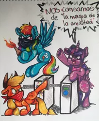 Size: 782x960 | Tagged: safe, artist:valemjj, derpibooru import, applejack, rainbow dash, twilight sparkle, twilight sparkle (alicorn), alicorn, pony, bandana, chile, food, metro, molotov cocktail, riot, spanish, subway, turnstile