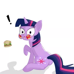 Size: 4000x4000 | Tagged: safe, artist:postnoxious, derpibooru import, twilight sparkle, pony, burger, eating, food, hay burger, looking at you, messy eating, sitting, stains, surprised, sweat, twilight burgkle