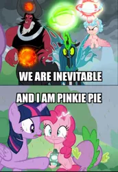 Size: 800x1162 | Tagged: safe, derpibooru import, edit, edited screencap, screencap, cozy glow, lord tirek, pinkie pie, queen chrysalis, spike, twilight sparkle, twilight sparkle (alicorn), alicorn, centaur, changeling, changeling queen, dragon, earth pony, pony, the ending of the end, alicornified, and i am iron man, avengers: endgame, bell, cozycorn, endgame, female, grogar's bell, i am inevitable, i am inevitable and i am iron man, iron man, magic, meme, race swap, text, thanos, tony stark, ultimate chrysalis