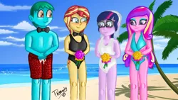 Size: 960x540 | Tagged: safe, artist:pabrony83, derpibooru import, princess cadance, sci-twi, sunset shimmer, twilight sparkle, oc, oc:azure glide, equestria girls, alternate hairstyle, beach, blushing, bouquet, breasts, butt tattoo, cleavage, clothes, cutie mark, dean cadance, female, flower, glasses, lesbian, marriage, scitwishimmer, shipping, sideboob, sunsetsparkle, swimsuit, wedding