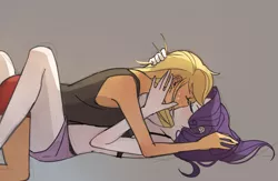 Size: 1573x1028 | Tagged: suggestive, artist:tcn1205, derpibooru import, applejack, rarity, equestria girls, blushing, clothes, eyes closed, female, hair pulling, hand on head, holding head, kissing, lesbian, rarijack, shipping, underwear, undressing