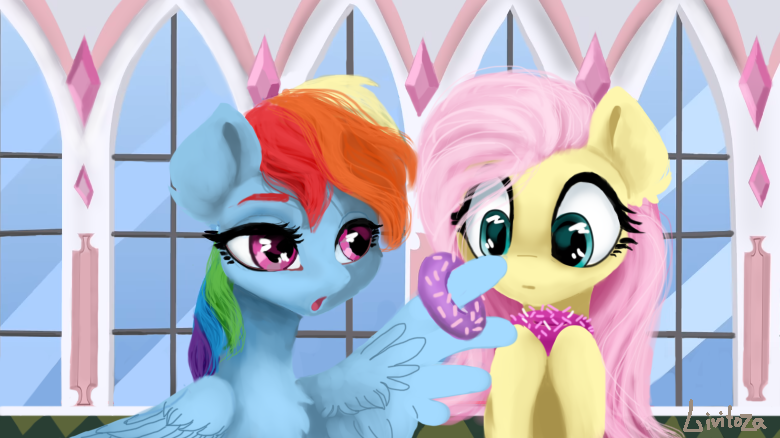 Size: 780x438 | Tagged: safe, artist:livitoza, derpibooru import, fluttershy, rainbow dash, pegasus, pony, the ending of the end, donut, duo, food, scene interpretation, wing hands, wings