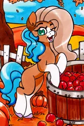 Size: 890x1337 | Tagged: safe, artist:imaranx, derpibooru import, oc, oc:cocoa butter, unofficial characters only, earth pony, pony, apple, autumn, food, happy, marker drawing, one eye closed, outdoors, pumpkin, solo, traditional art, wink