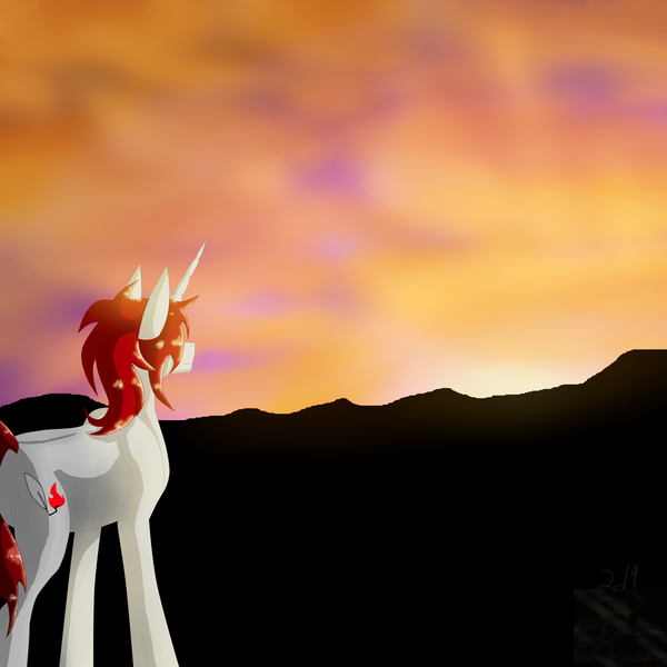 Size: 5800x5800 | Tagged: safe, artist:florarena-kitasatina/dragonborne fox, derpibooru import, oc, oc:crimson flame, unofficial characters only, pony, unicorn, absurd resolution, and now for something completely different, cel shading, cloud, scenery, shading, signature, sunset, watermark