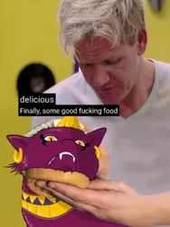 Size: 2448x3264 | Tagged: artist:wispy tuft, burger, chef, dead source, derpibooru import, eyeshadow, finally some good fucking food, food, gordon ramsay, jewelry, kitchen nightmares, makeup, meme, ponified meme, safe, sphinx, sphinx (character), vulgar