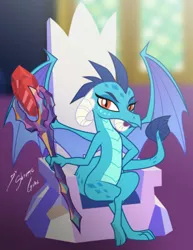 Size: 786x1017 | Tagged: artist:shinta-girl, bloodstone scepter, commission, crossed legs, derpibooru import, dragon, dragoness, dragon lord ember, female, looking at you, princess ember, safe, scepter, solo, throne, twilight's castle