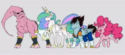 Size: 5000x2201 | Tagged: safe, artist:the-blackeye, derpibooru import, pinkie pie, princess celestia, alicorn, alien, earth pony, pegasus, pony, cloven hooves, crossover, dragon ball, dragon ball z, female, flowing mane, horn, majin buu, male, mare, sharp teeth, stallion, teeth, vegito, wings