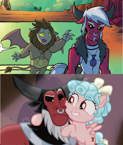 Size: 953x1128 | Tagged: safe, derpibooru import, idw, screencap, cozy glow, lord tirek, scorpan, centaur, gargoyle, pegasus, pony, fiendship is magic, frenemies (episode), spoiler:comic, spoiler:comicfiendshipismagic2, comparison, cozybetes, cute, diascorpes, female, filly, foal, young tirek