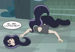 Size: 3232x2240 | Tagged: safe, artist:badumsquish, derpibooru import, dullahan, hybrid, satyr, castle of the royal pony sisters, disembodied head, embarrassed, eyeshadow, face down ass up, faceplant, female, headless, looking at you, makeup, modular, pale skin, parent:headless horse, parent:oc:anon, pratfall, raised tail, red eyes, solo, stairs, tail