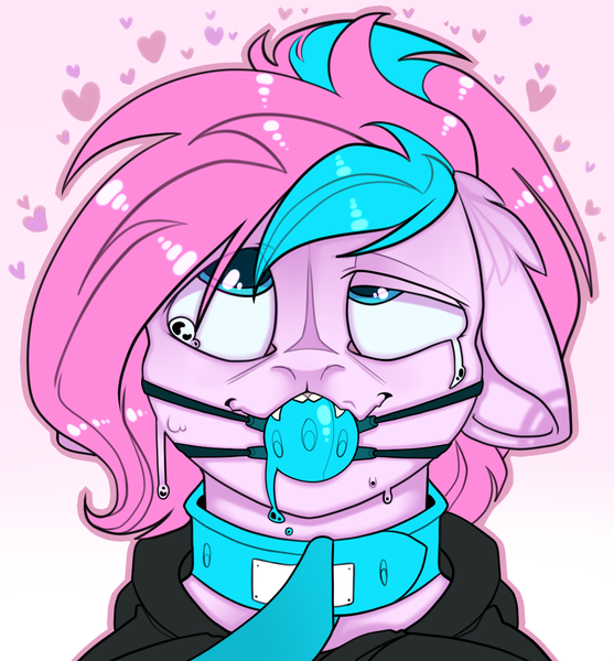 Size: 1173x1264 | Tagged: suggestive, artist:honeytoxant, derpibooru import, oc, oc:panda shade, unofficial characters only, pony, ahegao, ballgag, clothes, collar, commission, crying, drool, female, floppy ears, gag, hoodie, leash, open mouth, solo, solo female, tongue out, ych result