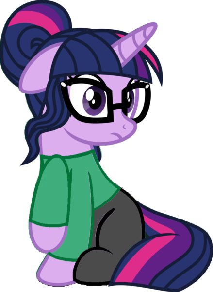 Size: 749x1024 | Tagged: safe, artist:osipush, derpibooru import, edit, edited edit, editor:alelovescool, editor:trashmakeshappy, vector edit, sci-twi, twilight sparkle, ponified, pony, unicorn, equestria girls, 1000 hours in ms paint, bad edit, clothes, clothes edit, equestria girls ponified, female, floppy ears, frown, glasses, green shirt, looking at something, mare, messy bun, pants, ponified humanized pony, raised hoof, raised leg, shirt, show accurate, simple background, sitting, solo, transparent background, unicorn sci-twi, unicorn twilight, vector