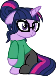 Size: 749x1024 | Tagged: safe, artist:osipush, derpibooru import, edit, edited edit, editor:alelovescool, editor:trashmakeshappy, vector edit, sci-twi, twilight sparkle, ponified, pony, unicorn, equestria girls, 1000 hours in ms paint, bad edit, clothes, clothes edit, equestria girls ponified, female, floppy ears, frown, glasses, green shirt, looking at something, mare, messy bun, pants, ponified humanized pony, raised hoof, raised leg, shirt, show accurate, simple background, sitting, solo, transparent background, unicorn sci-twi, unicorn twilight, vector