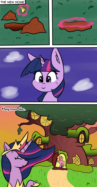 Size: 1989x3810 | Tagged: safe, artist:artiks, derpibooru import, luster dawn, princess twilight 2.0, twilight sparkle, twilight sparkle (alicorn), alicorn, pony, unicorn, the last problem, acorn, big crown thingy 3.0, comic, duo, end of ponies, female, golden oaks library, good end, history repeats itself, image, mare, older, older twilight, png, rebirth, smiling, waving