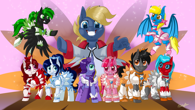 Size: 1920x1080 | Tagged: safe, artist:unisoleil, derpibooru import, oc, oc:aliax smily, oc:chip megabyte, oc:mirror image, oc:mistress ecstacy, oc:moonsaber, oc:pyrelight, oc:ruby sparkler, oc:serena, oc:swift harmony, unofficial characters only, balefire phoenix, bat pony, pegasus, pony, robot, robot pony, unicorn, clothes, crossdressing, female, image, male, outfit, png, pretty cure