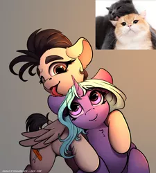 Size: 2250x2500 | Tagged: safe, artist:skitsniga, derpibooru import, oc, oc:eleane tih, oc:mayata, unofficial characters only, cat, pegasus, pony, unicorn, behaving like a cat, caught, cute, ear licking, female, licking, looking at each other, mare, photo, ponified animal photo, simple background