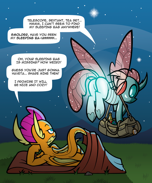 Size: 1250x1504 | Tagged: artist:toonbat, bioluminescent, bugs doing bug things, butt, camping, changedling, changeling, derpibooru import, dragon, dragoness, female, females only, glowing plot, lesbian, ocellass, ocellus, plot, seductive pose, shipping, sleeping bag, smolcellus, smolder, smolderriere, stars, suggestive