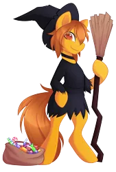 Size: 3068x4531 | Tagged: safe, artist:scarlet-spectrum, derpibooru import, oc, oc:zip circuit, unofficial characters only, earth pony, pony, bag, bipedal, broom, candy, clothes, collar, crossdressing, food, halloween, hat, holiday, looking at you, male, simple background, smiling, solo, stallion, transparent background, witch, witch costume, witch hat