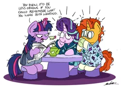 Size: 2380x1732 | Tagged: safe, artist:bobthedalek, derpibooru import, starlight glimmer, sunburst, twilight sparkle, pony, unicorn, bathrobe, bed mane, clothes, clothes swap, cup, female, implied sex, male, morning ponies, newspaper, pajamas, robe, shipping, starburst, straight, sudden realization, teacup, teapot, twilight is not amused, unamused