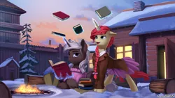 Size: 1920x1080 | Tagged: safe, artist:discordthege, derpibooru import, oc, unofficial characters only, pony, unicorn, book, braid, clothes, duo, female, fire, fortress, glasses, magic, male, mare, prone, reading, skirt, snow, stallion, sunset, sweater, telekinesis, tree, unshorn fetlocks
