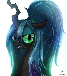Size: 3000x3374 | Tagged: alternate hairstyle, artist:zidanemina, bust, changeling, changeling queen, derpibooru import, digital art, dork, dorkalis, ethereal mane, female, glasses, green eyes, high res, nerd, open mouth, ponytail, queen chrysalis, safe, simple background, solo, starry mane, white background