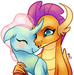 Size: 686x700 | Tagged: artist:vampireselene13, blushing, changedling, changeling, cute, derpibooru import, diaocelles, dragon, dragoness, eyes closed, female, interspecies, lesbian, obtrusive watermark, ocellus, safe, shipping, smolcellus, smolder, smolderbetes, watermark