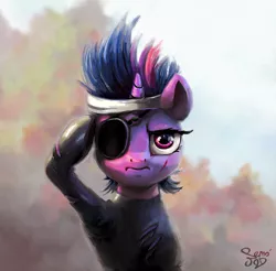 Size: 1500x1477 | Tagged: safe, artist:nemo2d, derpibooru import, twilight sparkle, pony, unicorn, alternate hairstyle, big boss, catsuit, clothes, eyepatch, female, future twilight, headband, mare, press f to pay respects, salute, solo, torn clothes, unicorn twilight