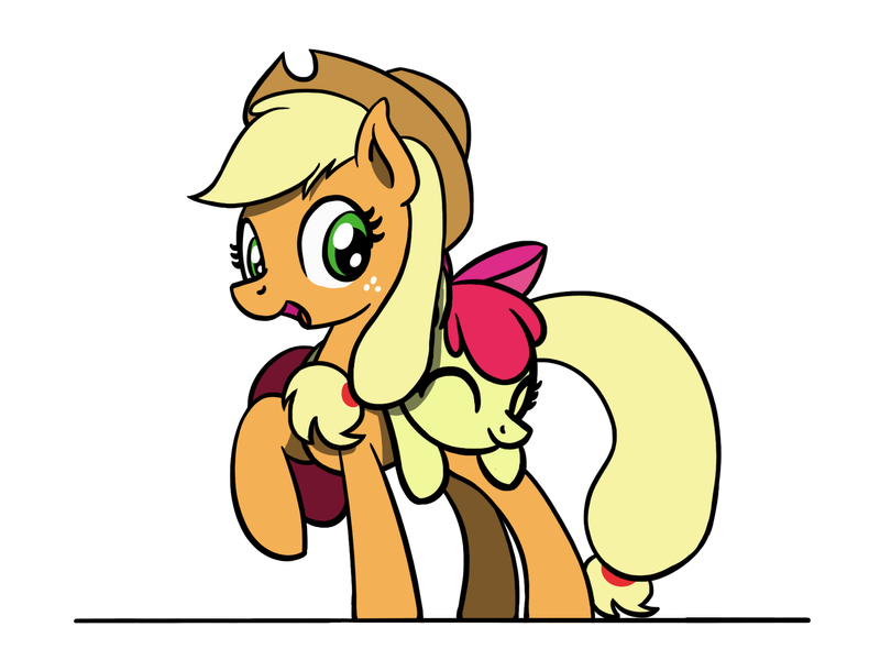 Size: 800x600 | Tagged: safe, artist:flutterluv, derpibooru import, apple bloom, applejack, earth pony, pony, adorabloom, apple, bag, bow, cowboy hat, cute, eyes closed, female, filly, food, hair bow, hat, jackabetes, looking at you, mare, ponies riding ponies, riding, saddle bag, simple background, transparent background