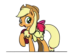 Size: 800x600 | Tagged: safe, artist:flutterluv, derpibooru import, apple bloom, applejack, earth pony, pony, adorabloom, apple, bag, bow, cowboy hat, cute, eyes closed, female, filly, food, hair bow, hat, jackabetes, looking at you, mare, ponies riding ponies, riding, saddle bag, simple background, transparent background
