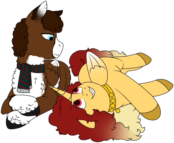 Size: 964x794 | Tagged: safe, artist:69beas, derpibooru import, oc, oc:jessie feuer, oc:luke pineswood, unofficial characters only, alicorn, pegasus, pony, clothes, collar, colored hooves, digital art, duo, female, fluffy, folded wings, hoof fluff, looking at each other, lying down, male, mare, pinto, scarf, simple background, stallion, transparent background, wings