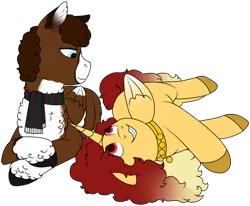 Size: 964x794 | Tagged: safe, artist:69beas, derpibooru import, oc, oc:jessie feuer, oc:luke pineswood, unofficial characters only, alicorn, pegasus, pony, clothes, collar, colored hooves, digital art, duo, female, fluffy, folded wings, hoof fluff, looking at each other, lying down, male, mare, pinto, scarf, simple background, stallion, transparent background, wings